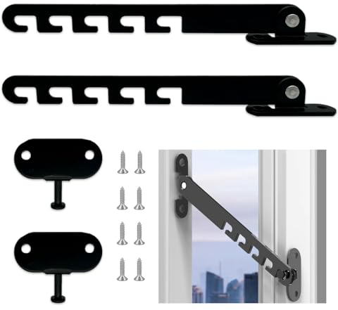 Fensterfeststeller Set,2 Stück Fensterstopper,Kippfenster Feststeller Metall,Zuschlagschutz Fensterriegel Kippfensterschutz mit Schrauben,Fenster Kipp Regler,zum Einstellen Der Fensteröffnung(schwarz)