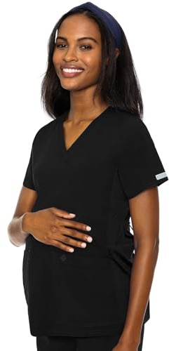 Med Couture Maternity V-Neck Scrub Top, 2 Pockets, Stretchy Side Panels with a Flattering Fit for Pregnant Ladies MC628, M, Black