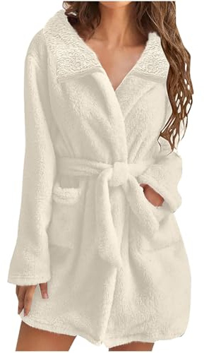 Ladies Dressing Gown Soft Plush Bath Robe for Women Housecoat Fleece Loungewear Fluffy Bathrobe Short Robe Winter Warm Cozy Bath Robe Nightwear Thick Nightgown with Pocket Gifts for Her