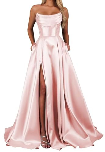 HPPEE Vestido de fiesta de satén sin tirantes para mujer, con bolsillos plisados, acampanado, vestido de noche formal, Blush Pink, 34