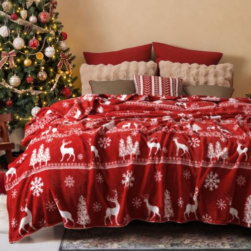PHF Fleece Blanket Super King Size 230x270cm, Reindeer and Trees Red | Microfibre, 300GSM Lightweight Airy Warmth, Anti-Static Breathable, All Season, Cosy for Bed Sofa Travel, Ideal for Home