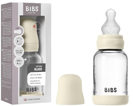 BIBS Baby Glass Bottle. 120ml. Anti-Colic. Vented Round Silicone Teat. Supports Natural Breastfeeding, Slow Flow, Complete Set - 120 ml, Ivory
