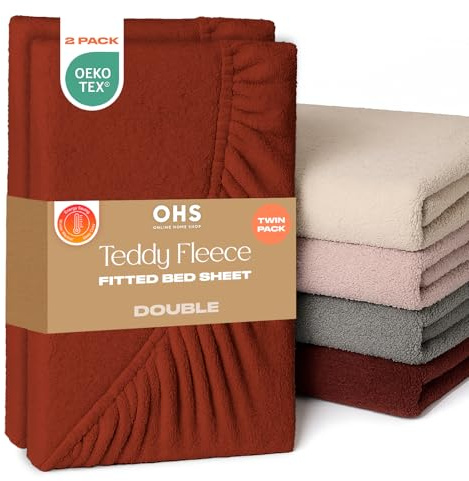 Brentfords Teddy Fleece Fitted Sheet, Soft Warm Thermal Double Fitted Sheets 2 Pack Teddy Bear Bedding Bed Cover Deep Pocket 25cm Fade Resistant Cuddly Cosy Fluffy Bedding, Rust
