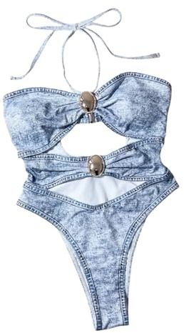 WQCMH Bikini Twist Cave Denim Stampato Halter Costume da Bagno a Corda Bandeau Costume da Bagno da Donna Costume da Bagno da Spiaggia Biquini(Blue,as6,Alpha,s,Regular,Regular)
