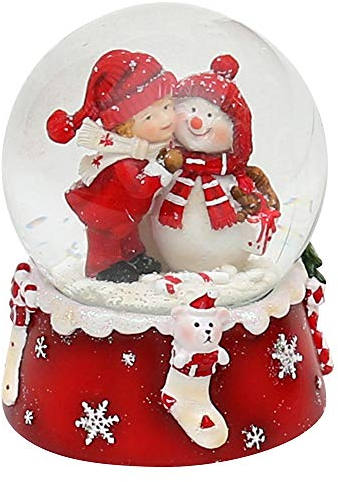 Dekohelden24 Palla di vetro con neve, pupazzo di neve con bambino, duo, rosso e bianco, dimensioni (altezza/larghezza/diametro): circa 8,5 x 7 cm/Ø 6,5 cm, pupazzo di neve+ bambino.