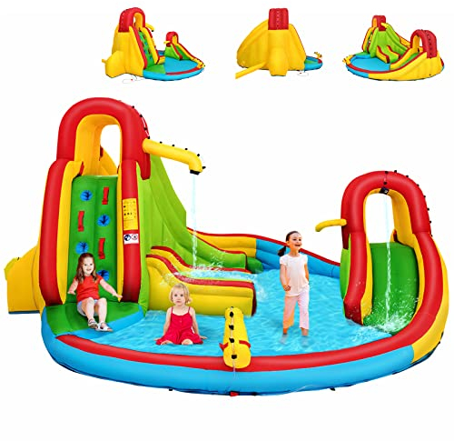 COSTWAY Château Gonflable pour 3 Enfants 3-12 Ans Motif Extraterrestre avec Toboggan,Grand Parc de Jeux,Kit de Réparation Piquet, Tuyau Charge Max 120KG Extérieur Souffleur Non-Inclus