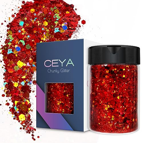Ceya Holografischer, grober Glitzer, 3.5oz/100 g, rotes Bastelglitzer-Pulver, gemischte grobe feine Flocken, schillernde Nagel-Pailletten für Epoxidharz, Becher, Schleim, Malerei, Festival-Dekoration