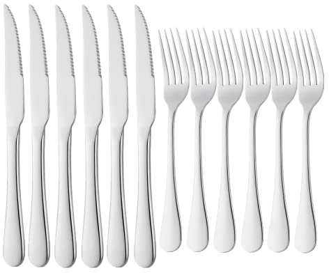 Meisha Steak Knife and Fork Set, 6 Steak Knives & 6 Dinner Forks, Stainless Steel Table Knife Set, Mirror Polishing Cutlery Set for Home and Kitchen - Silver