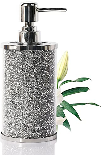 YTCYKJ Crystal Glass Soap Dispenser Bathroom Countertop,300ml Refillable Lotion Dispenser with Stainless Steel Pump Bling Rhinestone Hand Soap Bottle for Hotel Bathroom Kitchen, Silver