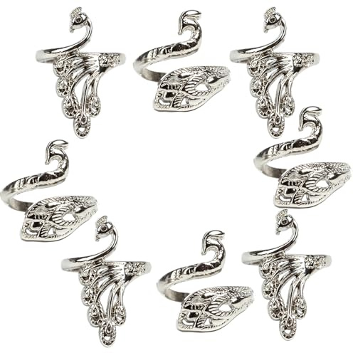 J.CARP 8 Pcs Adjustable Knitting Crochet Loop Ring, Braided Knitting Ring Yarn Guide Finger Holder for Mother Grandma Thanksgiving Presents Peacock Silver