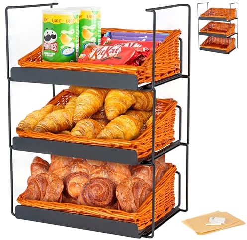 Ständer Regal mit Körben | Standregal Küche als Gemüse Regal, Aufbewahrung Kartoffeln Brot Obst | Küchenständerregal und Regalkörbe| Korb Etagere - Standregal schwarz 3x Korb Rattan | Willow Basket