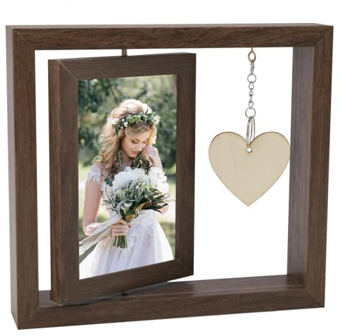 BRISKORE Bilderrahmen 10x15cm Geschenk für Mama Fotorahmen Holzrahmen Personalisiert Doppelseitiger Fotorahmen,Holz Drehbare Fotorahmen mit Herz Anhänger,DIY-Fotorahmen (Walnut color)