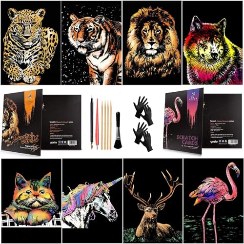 Annickee 8PCS Scratch Art Paper A4, Animals Rainbow Painting Sketch, Animals Art Paper Rainbow Painting, Colorful and Realistic, Scratch Art for Adults, with Drawing Pens, Cleaning Brus and Glove