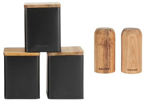 Salter COMBO-9283 Toronto Canisters & Salt and Pepper Shakers - Tea, Sugar, Coffee Storage Jars, Worktop Countertop Organiser Containers, Set Of 2 Spice Shaker, Compact, Refillable, Acacia Wood, Black