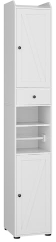 Badezimmerschrank, Badschrank, Toilettenschrank mit Freistehend Toilettenrollenhalter, Verstellbare Ablagen, Badezimmer Hochschrank, Offene Fach, Badschrank schmal mit Schubladen, 30X30X180 cm, Weiß