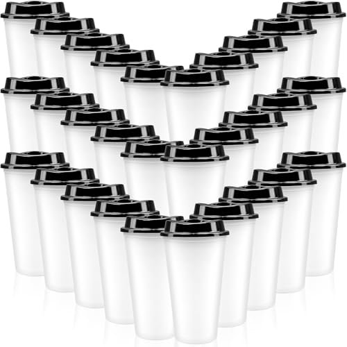 MSYU 30 Pack Reusable Coffee Cups with Lids Reusable Hot Cups Bulk 16 oz Plastic Tumblers Cup with Lids for Hot Drink Travel Coffee Mug with Lid to Go Coffee Cups (White with Black Lid)