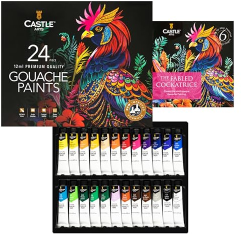 Castle Art Supplies Gouache Paints Set | NEW Improved Formula | 24 x 12ml Brilliant, Opaque, Water-Based Colours | Versatile, Easy to Use (New Improved Formula)