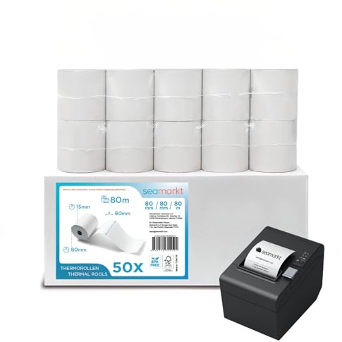 Seamarkt 50 Stück 80mm x 80mm x 12mm x 80 m (80x80x12) Thermorollen & Thermopapier, 48 g, Kassenrollen, Bonrollen für Registrierkasse, BPA-Frei, Pack of 50