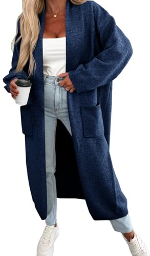 Fisoew Chaqueta de punto para mujer, cárdigan largo, de manga larga, oversized de punto, con bolsillos frontales abiertos., azul marino, XXL