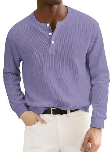 Henley - Maglia a maniche lunghe da uomo con scollo Henley, maglietta a maniche lunghe, estiva, autunno, retrò, tinta unita, Lilla, S