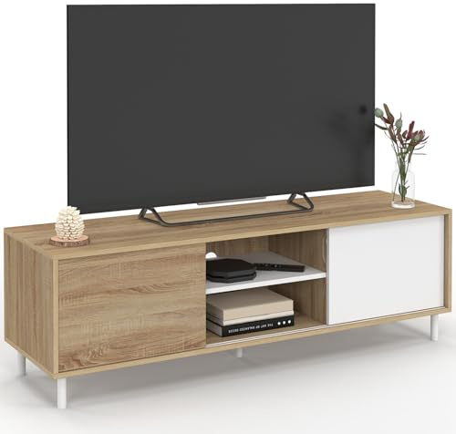 IDMarket - Meuble TV 140 cm Easy Montage sans Outils 2 Portes coulissantes réversibles Effet Bois et Blanc