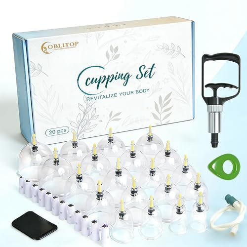 OBLITOP Coppette con pompa a vuoto, set da 20 pezzi, misura V2.0 per uomo e donna, tazze sottovuoto per muscoli del corpo, mal di schiena, massaggio cellulite, ventosa, set di coppette