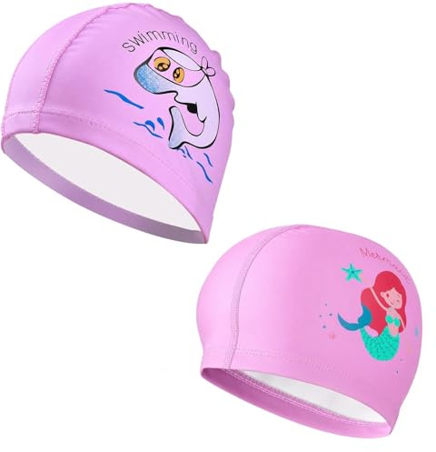 2 PCS Swimming Cap Kids, Swim Hat Girls Swim Cap, Comfortable Fabric Swimming Cap Kids, Swimmings Hats Kid 6-14 for Pool Activities, Girls Swimmings Hat with Secure Fit