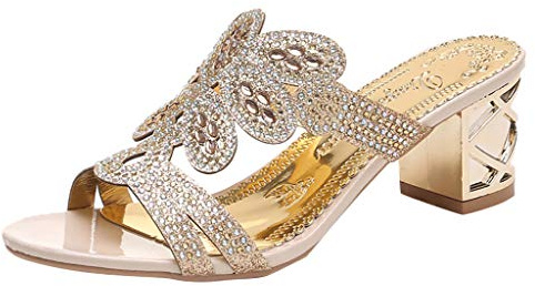 Sandale De Plage Femme Confortable - Sandales Femme Été Boheme Chaussures | Casual Nu-Pieds Talon Bloc Sandalette Avec Strass Chaussure Chic Et Elegante Nu Pieds À Enfiler Sandalettes