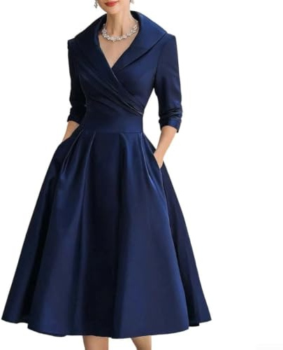 Dolvitrny Elegante vestido de satén acampanado para mujer con cuello abatible, vestido de noche de manga larga para invitada de boda, cóctel, fiesta, color liso, cintura