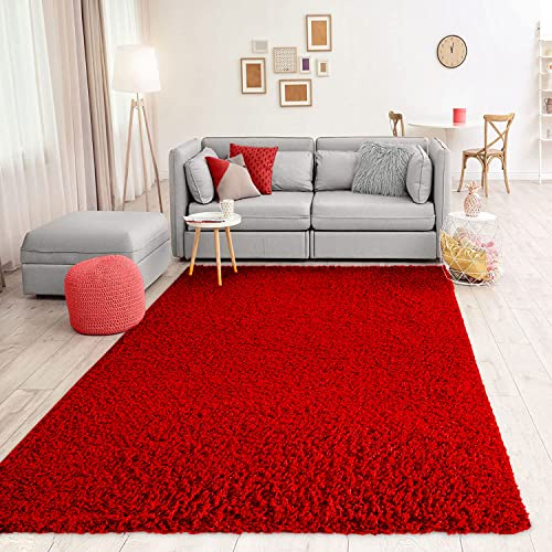 VIMODA Prime Shaggy Hochflor Langflor Teppich Einfarbig Modern Rot Hochflor für Wohnzimmer, Schlafzimmer, Maße:60x100 cm