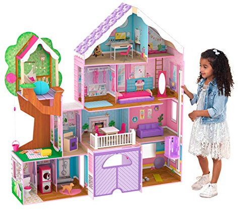 KidKraft Treehouse Retreat Puppenhaus aus Holz mit Möbeln und Zubehör für 30 cm Puppen, Spielset mit Hund, Aufkleber, Baumhaus mit Lichterketten und Garage, Spielzeug für Kinder ab 3 Jahre, 10108