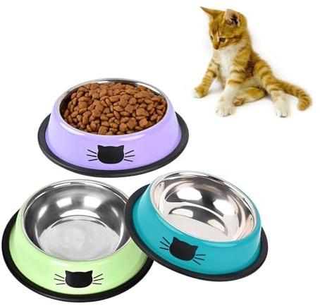 SUOXU Cat Bowls, Stainless Steel Colorful Cat Food Bowl, Non-slip Pet Water Bowl, Puppies Feeding Bowl, Set of 3 Metal Cat Bowl With Silent Pet Feeding(Blue/Purple/Green)