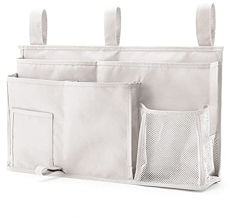 PACOLO Caddy Hanging Organizer Bedside Storage Bag, 600D Oxford Cloth with Hook&Loop for Bunk and Hospital Beds,Dorm Rooms Bed Rails(8 Pockets) (Beige)