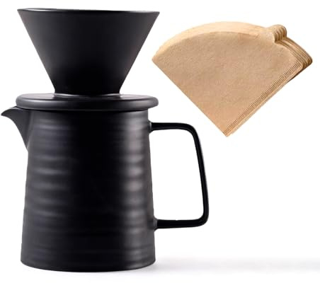 BeeCa Set di caffettiera in ceramica, con gocciolatore V60 da 1 a 2 tazze, include filtri di carta, mantiene il calore ottimale per casa, ufficio o bar, nero