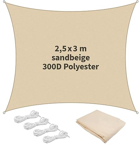 TTL Garden 2,5x3m Sonnensegel Rechteck Sand-beige - Premium Polyester 300D 160g/m² 93% Abschattung - reißfest & robust Sonnenschutz & Wetterschutz für Garten, Balkon & Terrasse, mit 4X Schnur 1,5m