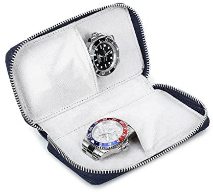 Hiram Étui de Voyage pour Montre 2 Boîte de Rangement pour Montres Cuir Saffiano Organisateur de Montre Portable à Fermeture Éclair (Bleu)