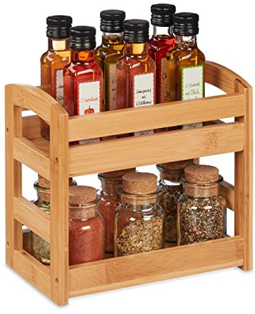 Relaxdays Especiero Bambú, 2 Niveles, de Pie, Organizador Botes Especias, 23 x 25,5 x 15,5 cm, Cocina, Baño, Natural