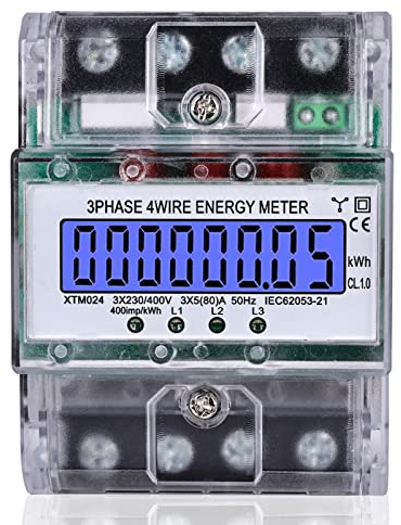 Sporgo Contatore elettrico a 3 fasi, contatore elettrico digitale a 4 fili, contatore di corrente trifase con display LCD, contatore di corrente calibrato, 230 V, 400 V, 5-100 A, per guida DIN DIN