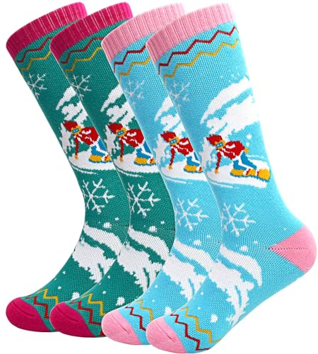ARERWA Kinder Skisocken Thermisch Knielang Premium - Weich, strapazierfähig und warme Snowboardsocken für Jungen und Mädchen (7-12 Jahre) 2 Paare Himmelblau + Seeblau