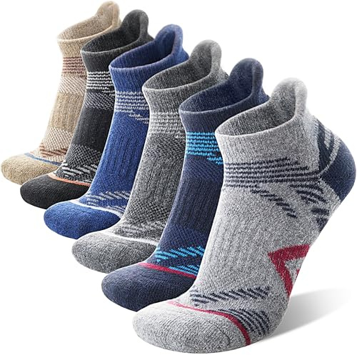 ANTSANG Merino Wool Ankle Hiking Socks Compression Warm Thermal Thick Cushion Winter Running No Show Moisture Wicking Socks Gifts Stocking Stuffers for Women Men 6 Pairs(Dark Mixed,L)