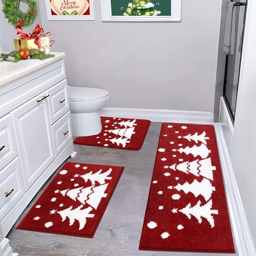 Enyhom Juego de 3 Alfombra Baño Navideña, Alfombrilla Baño Super Absorbente, Suave Alfombrilla Ducha Antideslizante, Lavable a Máquina, Gruesa Alfombra de Baño y Tapete Casa de Banho Forma de U