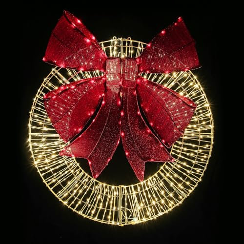 Taylor & Brown 3ft (92cm) Large Light Up Christmas Wreath with 30 Bow Metal Hanging Home Door Wall Decoration 684 Warm White Micro LED Lights Xmas Decorations for Indoor Outdoor (Red Bow)