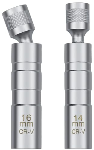 2Pcs Thin Wall Spark Plug Socket, 3/8 inch 12-Point Universal Joint Magnetic Swivel Spark Plug Socket Set, 14mm & 16mm Spark Plug Removal Tool for Motorcycle Spark Plugs and Small Car Engines (Silver)