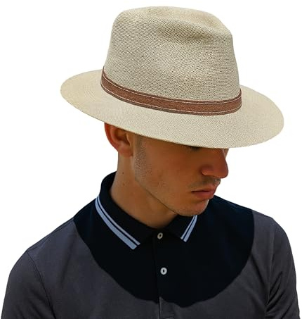 Cappello Bianco Uomo Di Paglia Protezione Solare Panama Pamela Spiaggia Estate Sparto Berretto da Sole Visiera Avvolgibile con Striscia Regolabile Marrone, S, Taglia unica