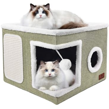 Cat Beds for Indoor Cats - Foldable Cat Hideaway with Hanging Fluffy Ball and Scratch Pad, Large Cat Bed Cave with Reversible Cushion for Multi Small Pet Kitten, Green