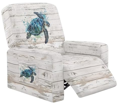 Tesivruno Watercolor Sea Turtle Wood Grain Print Recliner Chair Cover with Elastic Straps Decorative Recliner Covers for Large Reclining Stretch Furniture Protector for Living Room Bedroom, White
