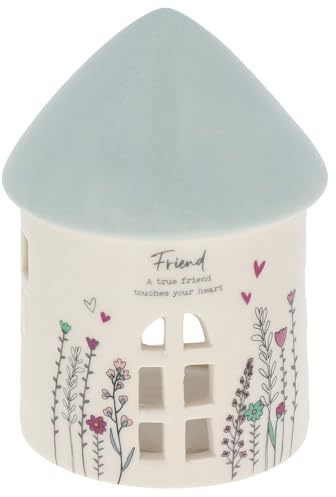 Shudehill Giftware Sweet Meadow Tealight House – Ceramic Candle Holder with True Friends Quote (Height 12.7cm x Width 9cm x Depth 9cm)