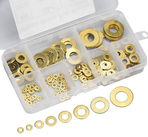 Set di 180 rondelle in ottone, 8 misure, dischi piatti e di sicurezza, assortimento (M2, M2.5, M3, M4, M5, M6, M8, M10), dischi piatti in ottone per viti e dadi