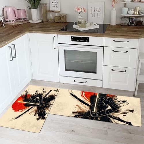 Guerrero Abstracto Alfombra de Cocina Antideslizante Alfombra de Cocinas, Estilo japonés Durable Anti-Fatiga Corredor de Pasillo para Cocinas Lavable de Cocina,45x75+45x150cm