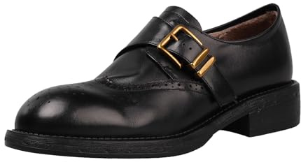 BesoAbrazo Women’s Chunky Leather Monk Strap Loafers – Full Grain Calfskin Wingtip Brogue Shoes with Gold Buckle – Breathable Pigskin or Warm Fur Lining – 1.6 Inch Platform, Fur Lined, 6.5